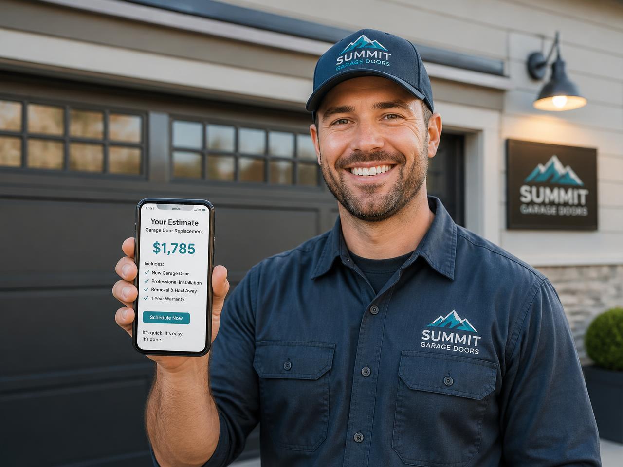 Contractor showing an instant garage door estimate on a phone